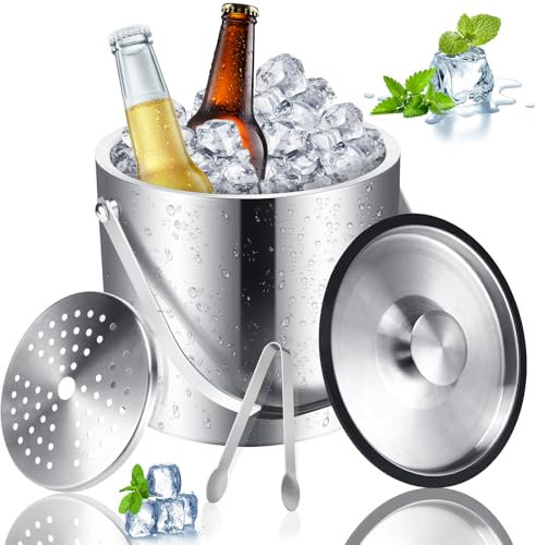 Tapvai Edelstahl Eisbehälter 4L, Mit Luftdichtem Deckel, Sieb Und Eiszange, Doppelwandig Isoliert Edelstahl Eiswürfelbehälter, für Eiswürfel Ideal Zum Kühlen Von Bier Champagner Wein Und Obst
