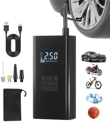 Portable Tyre Inflator Air Compressor, Electric Bike Pump 150PSI Auto-Off Rechargeable Car Pump with LED Light, Smart Electric Digital Tyre Pump 4 Nozzle for Car/Ball/Bike/Motorcycle (Black)