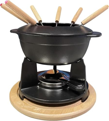 BAUMALU - Service à Fondue - Caquelon en Fonte - Couvercle Anti-Éclaboussures - Réchaud - Brûleur à Pâte - 6 Fourchettes - Plateau en Bois - Fondue Bourguignonne, Savoyarde ou Chocolat - Noir Mat/Bois