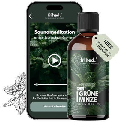 frihed.® Saunaaufguss Grüne Minze mit App Meditation - Hochkonzentriertes Minz-Öl - klärend - Langanhaltender Duft - Made in Lüneburg