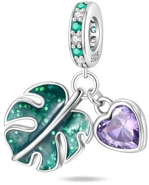 DGAYU 925 Sterling Silver Monstera Leaf Charm with Green and Purple Gemstones - Heart Pendant for Bracelets and Necklaces