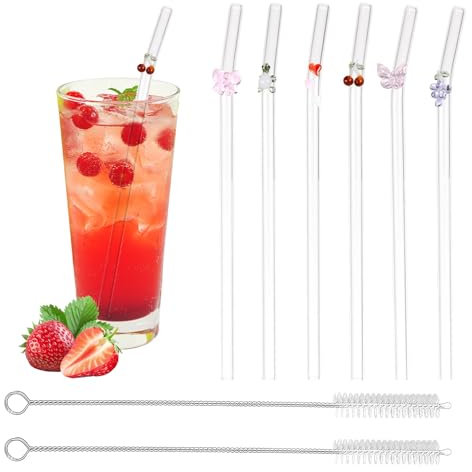 6 PCS Glass Straws Drinking, Reusable Glass Straw with 2 Cleaning Brush, Cute Bent Straws with Heart Butterfly Turtle Fruit Charms for Smoothies, Cocktails, Coffee, Juice