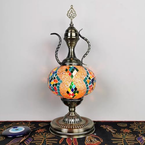 Turkish Pitcher Lamp, Mosaic Teapot Table Lamp, Antique Bohemian Decorative Glass Wine Pot Lamp, Moroccan Vintage Lamp Shade, Bedside Stained Glass Desk Light for Gifts Bedroom,Beige