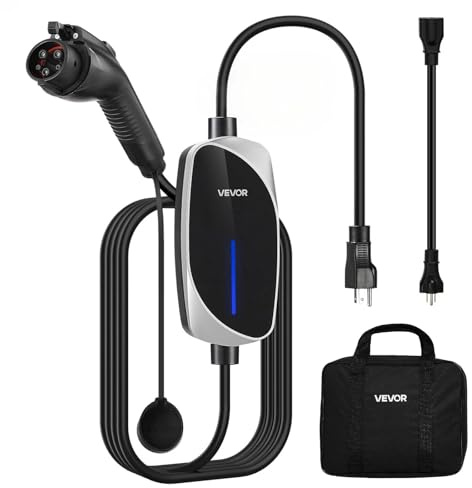 VEVOR Level 1&2 EV Charger, 16 Amp, Electric Vehicle Portable Charger with 25 ft Charging Cable, 120V-240V, NEMA 6-20P Plug NEMA 5-15 Adapter, LED Indicator, Home Car Charging Station for SAE J1772 EV
