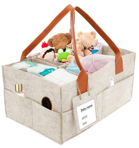 harupink Wickeltisch Organizer,Tragbarer Wickeltasche Organizer mit Herausnehmbaren Fächern und PU Griffen,Filztasche Wickelorganizer Groß,Multifunktional Baby Aufbewahrungskorb für Babysachen(A)