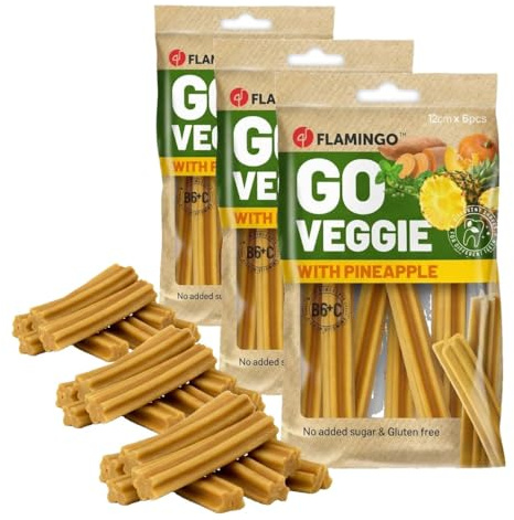 Flamingo Leckerli Hund – Veggie Stange mit Ananas klein – 78g – glutenfrei – kalorienarm – Zahnpflege Snack (Packung mit 3)