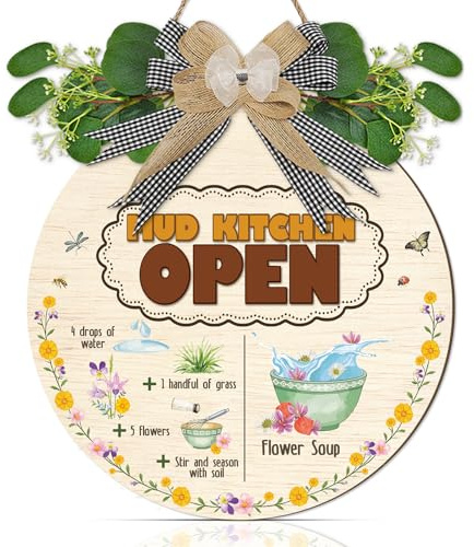 ANHUIB Mud Kitchen Open Sign Kids Mud Kitchen Wooden Hanging Sign Rustic Outdoor Plaque with Nature Bug Prints for Kids Outdoor Garden Garden Play Areas Playhouses Outdoor Toys Accessories