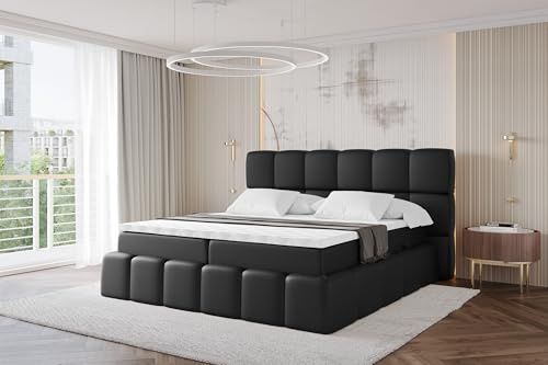 ALTDECOR Boxspringbett mit Matratze und Lattenrost, Topper, Polsterbett mit Bettkasten, Bett mit Stauraum H3-Matratze, Doppelbett, Boxbett - AURI - 180x200 Schwarz Kunstleder