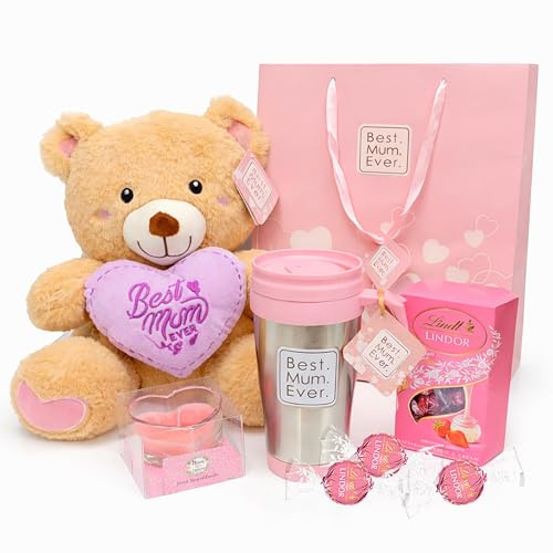 Luxury Mothers Day Hamper for Mums – Teddy Bear with Heart Cushion, Stainless Steel Travel Mug, 200g Lindt Strawberry Truffles, Scented Heart Candle & Gift Bag – Mothers Day Gift for Mum, Women