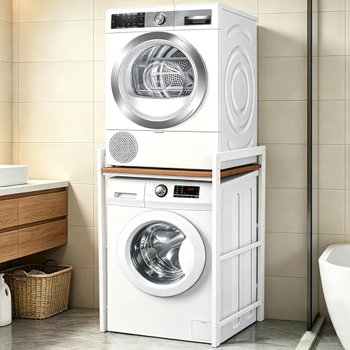 Scaffale per Incolonnamento Lavatrice e Asciugatrice,3 Regolabili in Altezza Supporto lavatrice Asciugatrice,Base Per Lavatrice Capacità Di Carico 300kg,Ideale Per Bagno (Bianco-b, 75x65x105cm)
