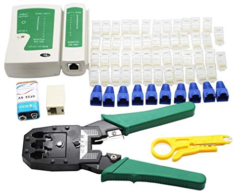 ALEENFOON - Kit di strumenti di rete professionali con crimpatrice, per Ethernet, LAN, RJ11, RJ45, Cat5e, Cat6, Cat7, con 50 connettori RJ45, set di 65 strumenti per internet