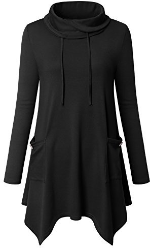 Amrto Pullover Damen Elegant Bluse Turtleneck Asymmetrische Saum Langarm Tops Lange Hemd Pullover Tunika mit Taschen, Schwarz XXXL
