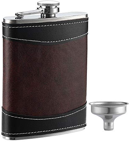 YWQ Premium 1 Pack 8 Oz Hip Flask for Liquor Soft Touch Leather Wrap with Funnel,18/8 Stainless Steel Highest Food Grade Leak Proof Classic Flask