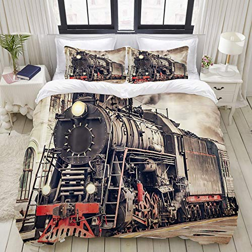 MIGAGA Bedding Bettwäsche-Set,Antike alte Zeit-Lokomotive der Weinlese-industriellen Dampfmaschine auf Eisenbahn mit Rauch-Retro- Bahnstation,Mikrofaser Bettbezug und Kissenbezug - (135 x 200 cm)