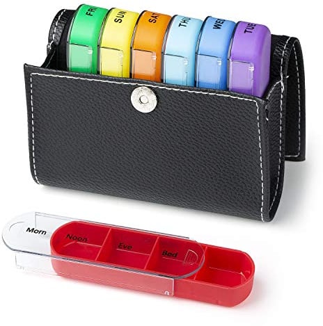 Comius Sharp 28 Gitter Medikamentenbox 7 Tage Regenbogen Pillenbox mit PU Leder, Handlicher und Feuchtigkeitsbeständiger Medikamentenbox