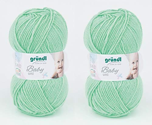 wolldealer 24 2er Set Babywolle Uni, Gründl, 2X 50 g, weich und pflegeleicht, (04 Mint)