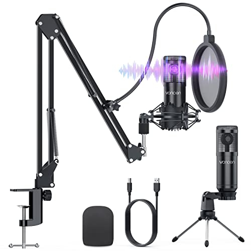 Voncen Microphone USB à Condensateur Enregistrement pour Ordinateur, Kit de Microphone Complet avec Support Micro à Bras Réglable, Micro Cardioïde 192kHz, Support Anti-Choc pour Jeux Streaming Youtube