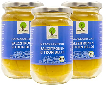 Mansuris - eingelegte Bio Zitronen in Meersalz - Citron Beldi -BIO Salzzitronen, In Salzlake eingelegte marokkanische Zitronen für Tajine Couscous, vegan, glutenfrei in (3 x 350 g) Glas