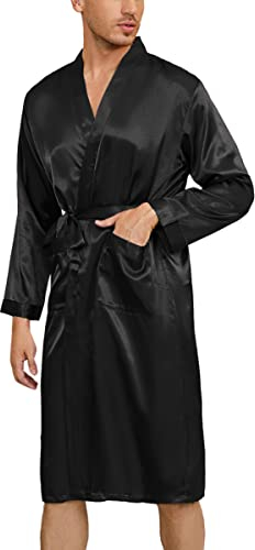 Irdcomps Herren Robe Satin Kimono Morgenmantel Lang Bademantel Leicht Seide Nachtwäsche Pyjama für Männer mit Gürtel Schwarz M