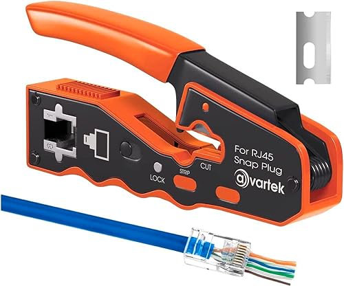 AVARTEK RJ45 Crimp Tool, Pass Through Ethernet Crimping Tool for Cat5 Cat6 Cat7 End Pass-Thru Connector, Professional Stripping & Cutting with Replacement Blade