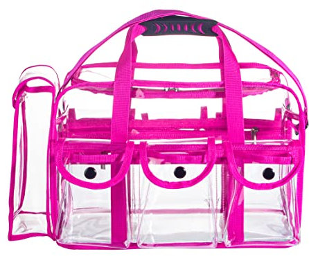 Wide Mouth Large Professional Clear PVC Travel Makeup Artist Set Bag Cosmetic Nails Beauty Bag Transparent Vinyl Tool Organizer Work Bag Beach Bag Diaper Bag with 6 External Pockets & Strap, Pink