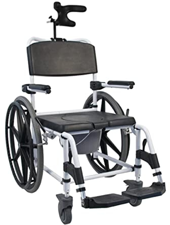 FabaCare Toilettenrollstuhl Kakadu Tilt mit 24 Zoll Rädern, Badezimmerrollstuhl mit Kopfstütze, WC-Rollstuhl, Winkelverstellbare Sitzposition, Sitzbreite: 45 cm