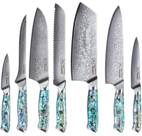 Tsume Profi Set Abalone, Messerset mit 7 Premium Küchenmessern, Echte Damast Küchenmesser mit Perlmuttplatten, 67 Schichten VG10 Edelstahlkern mit Kunstharz Handgriffen, Rasiermesserscharfe Premium