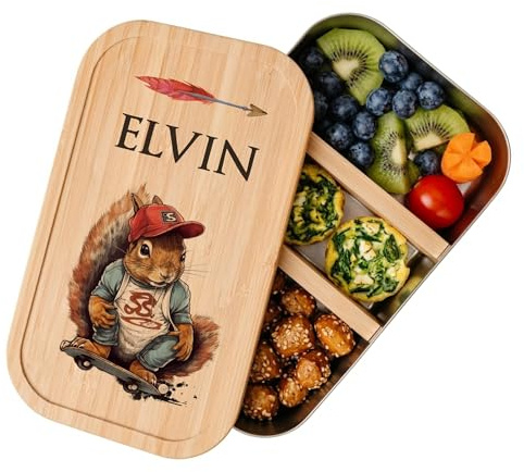 Manufaktur Liebevoll - Personalisierte Brotdose mit Fächern, Edelstahl Lunchbox mit Bambus Deckel u. Trenner, Nachhaltige Brotbüchse | Mädchen, Jungen (Motiv Skater Eichhörnchen, Edelstahl | Größe S)
