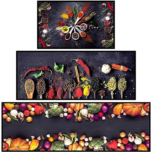 Tinideya Künstlerische bunte Küchenmatte, Bauernhaus-Gewürz-Kochen, Küchenteppich-Set, Anti-Ermüdung, Küchenbodenmatte, Komfort, rutschfest, stehend, 50,8 x 81,3 cm, 50,8 x 121,9 cm + 50,8 x 150,8 cm