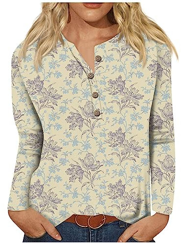 ODJOY-FAN Damen Tops Drucken Mode Lose Langarmshirt Oversized Rundhals Pullover Tunika Lang Tops Baumwolle Basic Bluse Tops Oberteile Langärmlig Tops Winter Sweatshirt