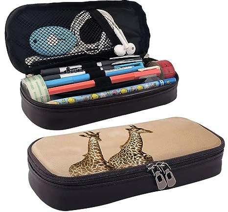 LAMAME Wild Animals Retro Farmhouse Printed Flap Zip Pencil Case Portable Stationery Case Leather Pencil Case, Zwei Giraffen auf der Barren, Einheitsgröße, Münzbeutel