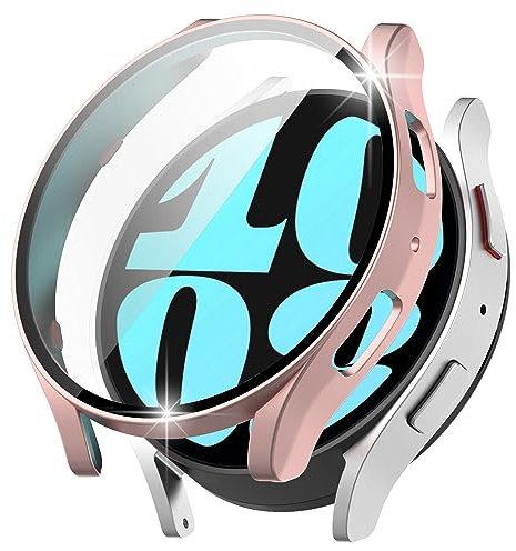 Miimall Étui + Film pour Samsung Galaxy Watch 6 40mm Coque avec Verre Trempé de Protection d'écran Haute Définition, Étui de Protection en PC Anti-rayures for Galaxy Watch 6 40mm -Or Rose