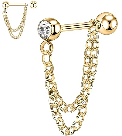 hengkaixuan 16G Knorpel Ohrringe Knorpel Stud Gold Helix Ohrringe Helix Barbell Bar Dangle Doble Chain Earring 6mm Ohrläppchen Ohrringe Helix Studs Knorpel Piercing Schmuck mit CZ