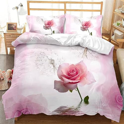 Aozhiswe Pinke Rose Bettwäsche 135x200 Romantisches Thema Bettbezug 3 Teilig Bettwäsche-Sets 135x200, Weiche Mikrofaser 3D Bettbezüge mit Reißverschluss und 2 Kissenbezug 2959r