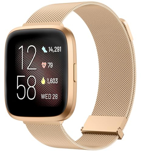Tobfit Strap for Fitbit Versa & Versa 2 - Breathable Stainless Steel Mesh Loop Adjustable Replacement Strap for Women & Men (Rose Gold)