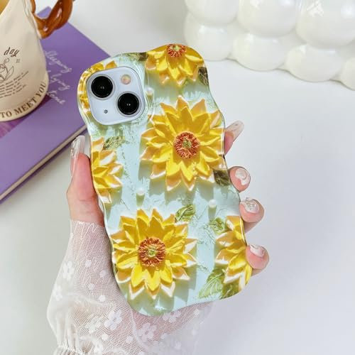 XIZYO Colorful Retro Oil Painting Flower Wavy Case for iPhone 13/14, Hybrid 2-Layer Cute Floral Curly Wave Aesthetic Phone Case, Girls Women Slim Soft TPU Shockproof Cover, Sunflower/Green