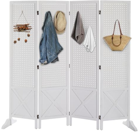 VINGLI Freestanding Pegboard with Support Feet, 5 FT Wood Room Divider Display Board Organizer, Folding Privacy Screen Partition Space Separator for Craft Shows Events Retail (White, 4 Panel)