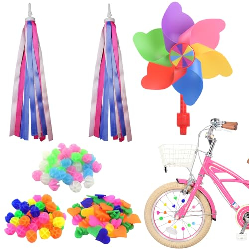 LUKIUP Bunten Fahrradspeichen Fahrrad Zubehör Kinder, 5 Sätze, mit Kinder Fahrrad Lenkerfransen, Windrad Kinder, für Alle Fahrräder, Roller, Dreiräder, Laufräder, Kinderwagen(Lila)