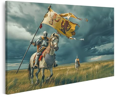 islandburner Bild auf Leinwand Ritter in Vollrüstung führt auf Pferd über grasige Ebene Angriff an Bilder Wandbilder Poster