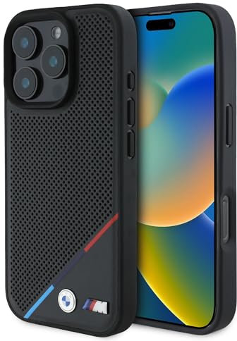 CG MOBILE BMW HC M Phone Case Designed for iPhone 16 Pro Max, Durable, Shock Proof, Compatible with Magsafe, PU Perforated Tricolor Line Case Black