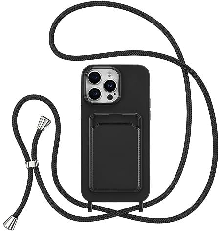 ZTOFERA Crossbody Lanyard Case for iPhone 14 Pro (6.1) with Card Holder, Soft Liquid Silicone Phone Case with Strap Adjustable Neck Cord Necklace Shockproof Protective Cover - Black