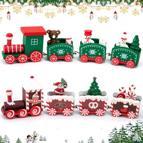 Treno di Natale in Legno, Trenino Natalizio Decorativo, 2 pezzi Mini Treno Natale Ornamento Legno con 3 Carrozze, per Decorazioni Albero di Natale Festa Tavola, Regalo per Bambini Giocattolo