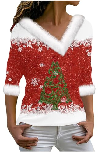 Christmas V Neck Jumper Women UK Clearance Ladies Long Sleeve Shirts Snowflakes Sweatshirt Christmas Tree Blouse Fleece Tops Xmas T-Shirt Winter Autumn Casual Sweater Holiday Sweatshirts Blouses