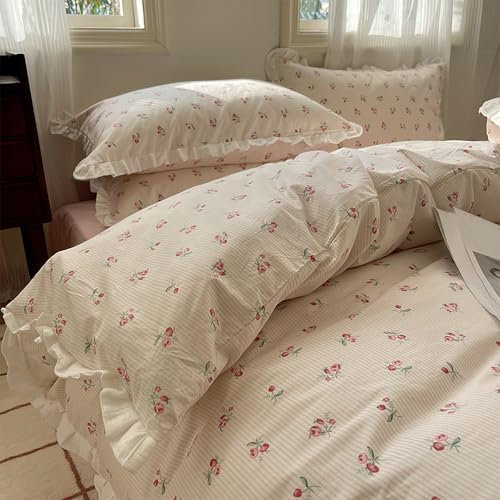 GETIYA Romantisch Rosa Blumen Bettwäsche 135x200 Baumwolle Bettwäsche mit Rüschen Bettwäsche Mädchen Damen Blümchen Bettbezug Zweiteilig Rosa Blumen Deckenbezug mit 1 Kissenbezug 80x80