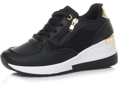 AJVANI Womens Ladies mid Wedge Heel Gold Trim Chunky Shoes lace up Trainers Sneakers Size
