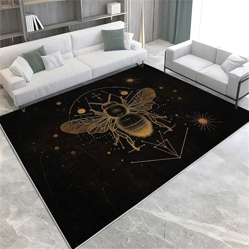 Tiefschwarz Kurzflor Teppich Goldene Biene 60 x 90 cm Mit TPR Anti Rutsch Rücken Weich Langlebig Für Wohn Schlaf Zimmer Haustier & Kinderfreundlicher Pflegeleichter Teppich