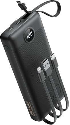 Power Bank 20000mAh Powerbank USB C mit 5 Ausgängen & 2 Eingängen VEEKTOMX Powerbank mit integrierten Kabeln Externer Handyakku Kompatibel mit iPad, iPhone16/15, Samsung, Xiaomi, Google Pixel usw.