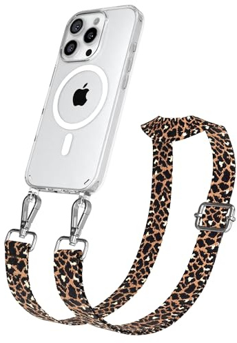 EAZY CASE Handykette - Verstellbares Taschenband kompatibel mit iPhone 16 Pro, Schulterriemen, Handykordel mit Silikon Hülle, Qi Charging kompatibel, Umhängetasche, Leo - Schwarz Braun Silber