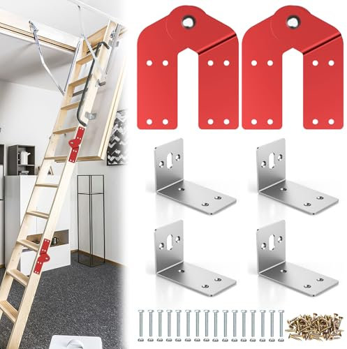 Dachbodenleiter-Scharniere mit 4 L-Halterungen, Leiterscharnierbefestigung und Zubehör für Dachbodenleiter-Zugsystem (BIG001), 2 Stück