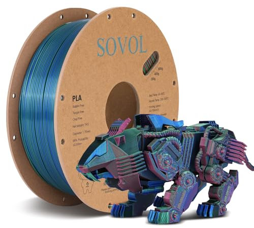 Sovol Silk PLA Filament Seiden Tri-Color Co-Extrusion 1.75mm - 1kg (2.2lbs) - Dreifarbig Rot, Grün & Blau - 3D-Drucker Filament +/-0.03mm